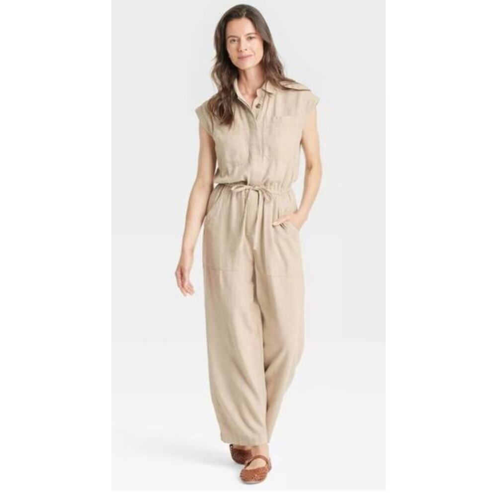 5419) Universal Thread Woman 14 Tan Linen Pockets Wide Leg Jumpsuit